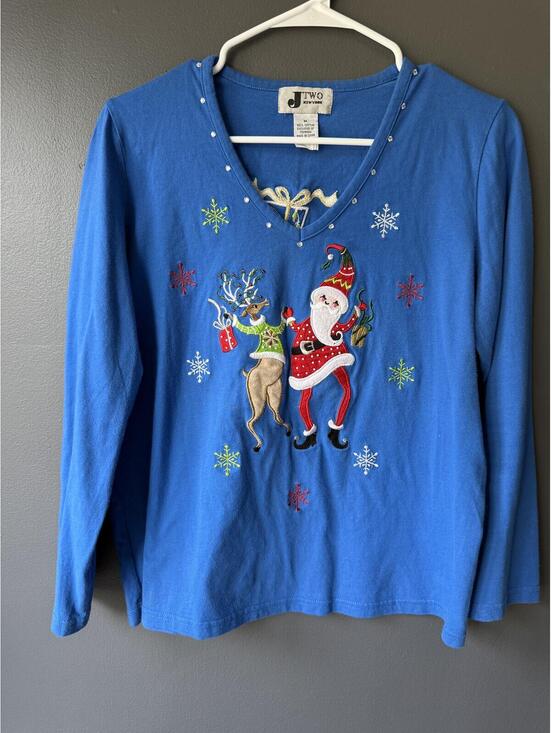 Tops - J. Two Blue Long Sleeve Christmas Sweater with Santa and Reindeer Embroidery